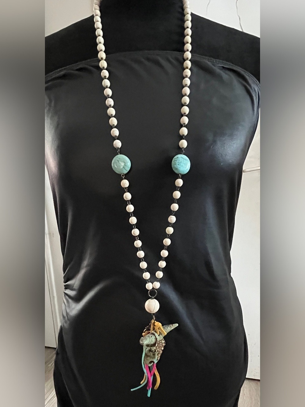 Boho Western Bull Skull Turquoise Howlite 44” Long Statement Necklace